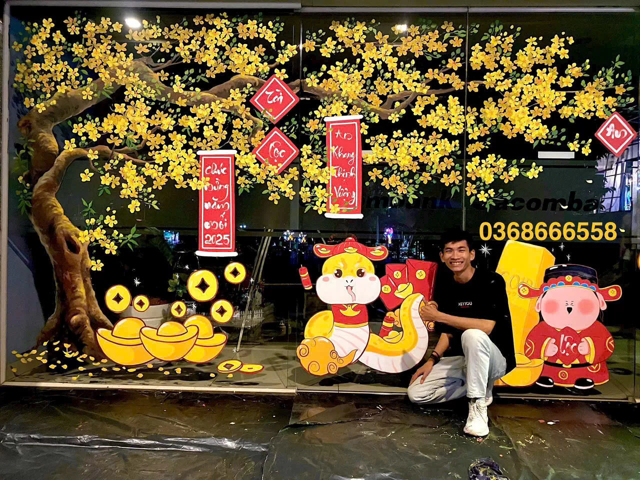 vẽ tranh kính trang trí tết