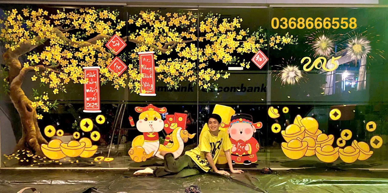 vẽ tranh kính trang trí tết