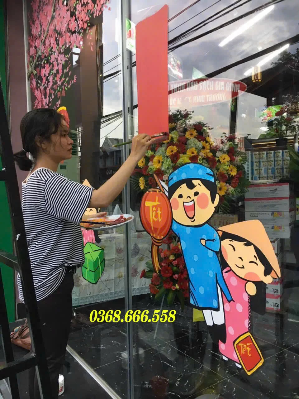 vẽ tranh kính trang trí tết