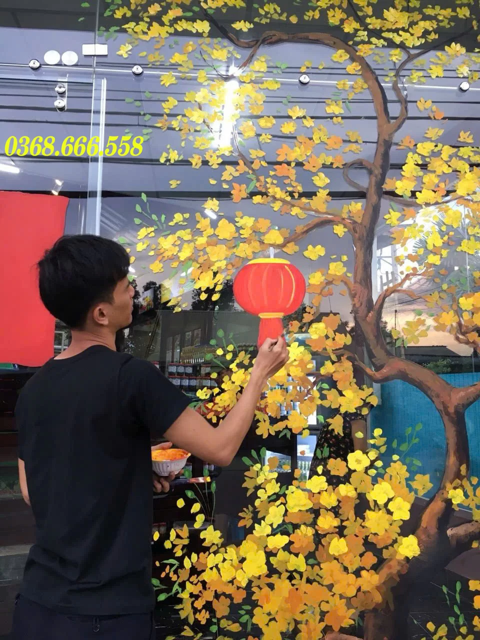 vẽ tranh kính trang trí tết