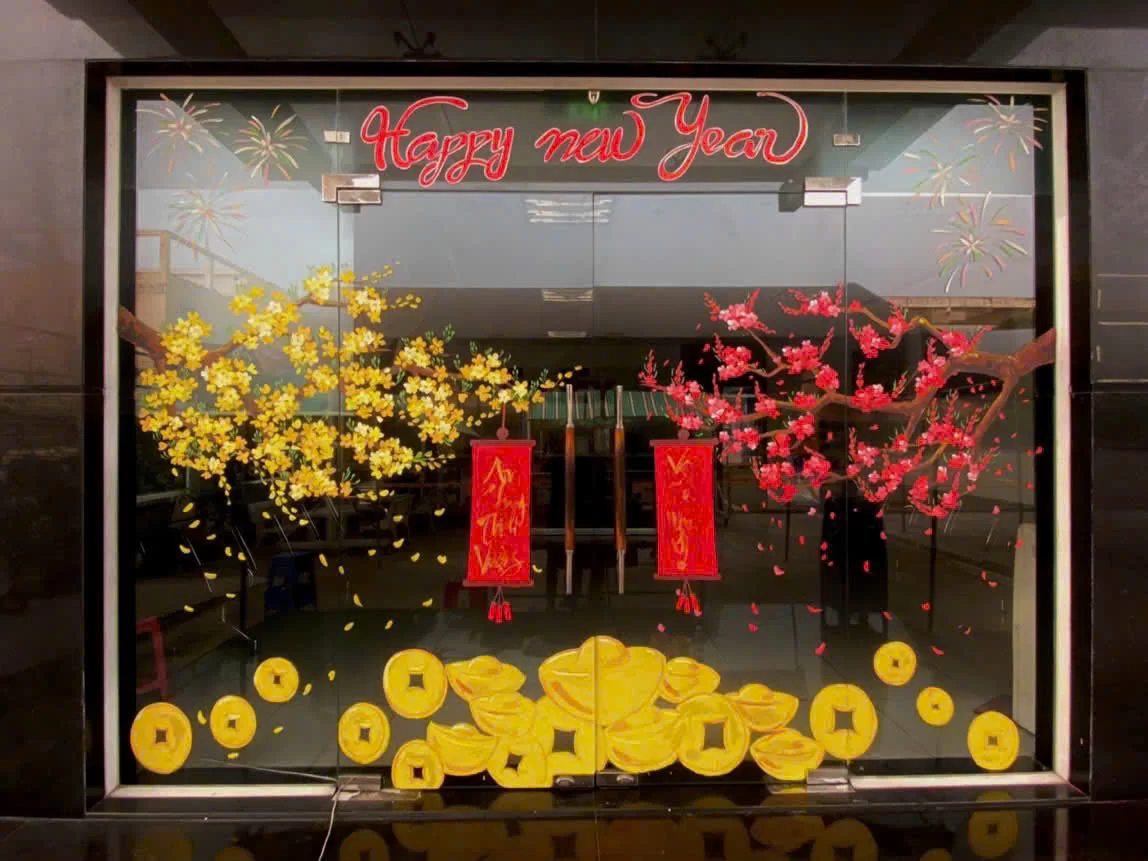 vẽ tranh kính trang trí tết